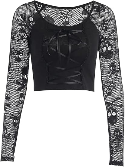 TSMNZMU Womens Gothic Crop Tops Skull Mesh Long Sleeve T-Shirt Punk Crewneck Grunge Alt Shirt for Emo Girl - skull sweatshirts