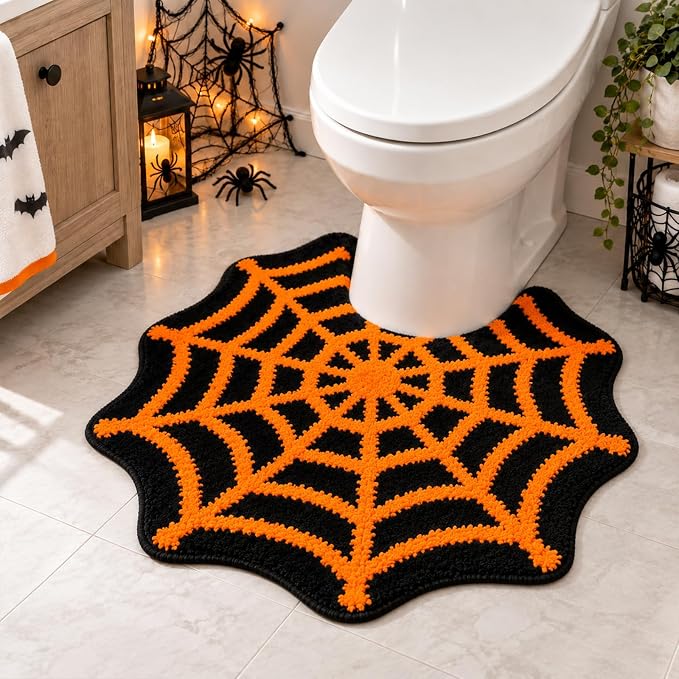 FYSUIMU Halloween Spider Web Bathroom Rug, U-Shaped Halloween Toilet Rug - skull toilet mat
