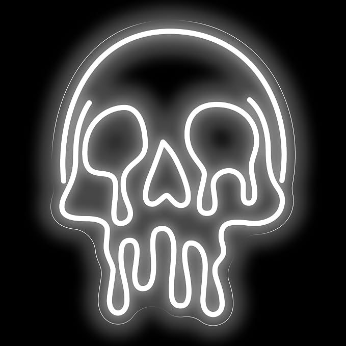 White Melting Skull Neon Sign – Gothic Skull LED Light for Halloween Party