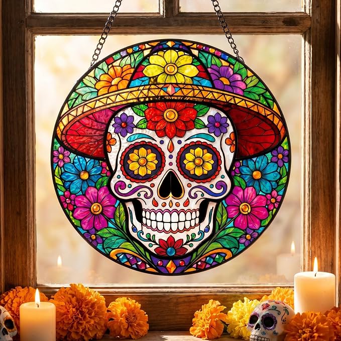Rngmsi Skull Stained Glass Window Hanging, Day of the Dead Suncatcher Gift - sugar skull ornament