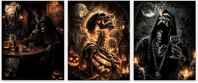 LFGKBERW 3 Piece Dark Gothic Wall Art Set – Unframed Skeleton & Reaper Posters with Candles,Canvas Prints for Man Cave, Bar, Horror Enthusiasts, 11×14 Inch