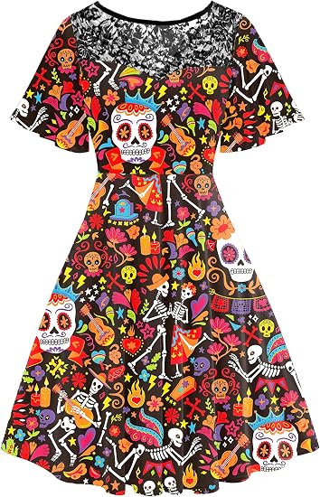 AOBUTE Women Halloween Dress Lace Flutter Sleeve A-Line Party Dresses - sugar skull costume