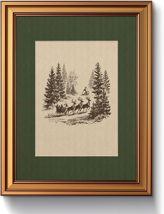 Vintage Gold Framed Christmas Canvas Wall Art Reindeer Sleigh Forest Print - skull wall art