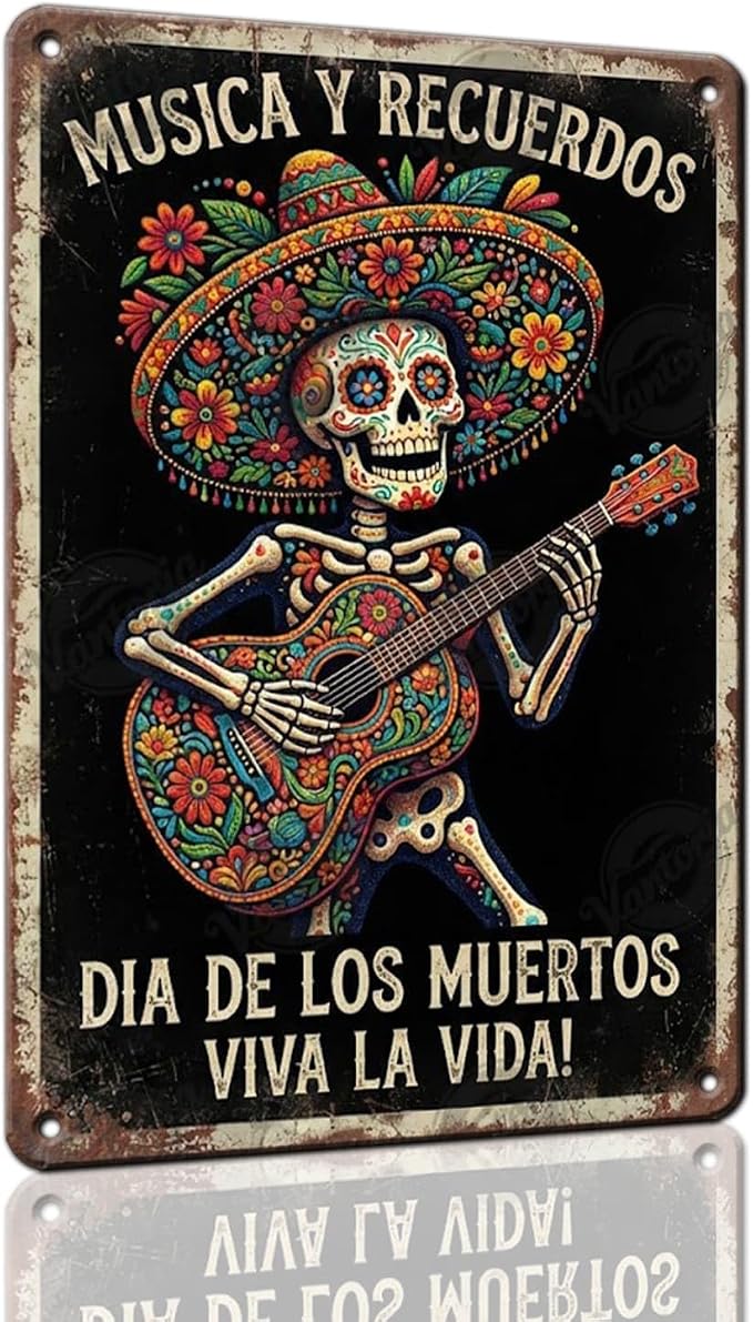 Vintage Metal Tin Sign Dia De Los Muertos Sugar Skull Guitar Sombrero Mexican Gothic Wall Art Plaque Cantina Gift For Kitchen Bar Patio Indoor Cottage 12x8 Inch - skull wall art