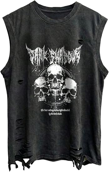 RoseSeek Men's Goth Skull Ripped Washed Tank Tops Crew Neck Sleeveless Tank Shirt Summer Tops Streetwear - skull tank tops