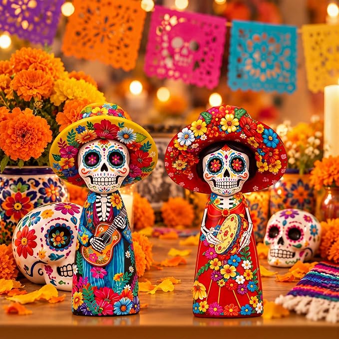 2 Pcs Day of The Dead Figurines Dia De Los Muertos Couple Sugar Skull - skull figurine