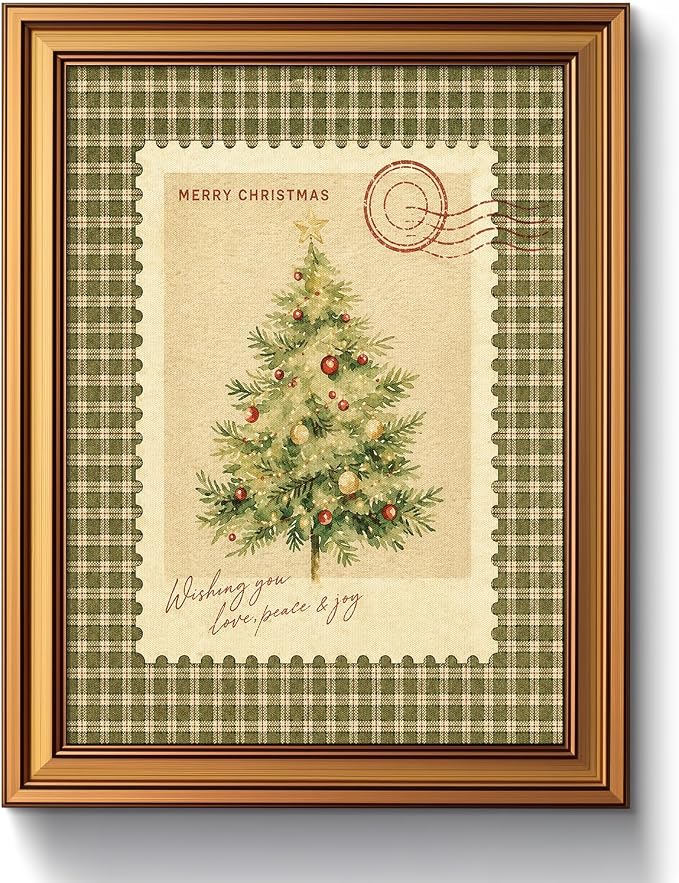 Vintage Gold Framed Christmas Canvas Wall Art Plaid Tree Postage Print - skull wall art