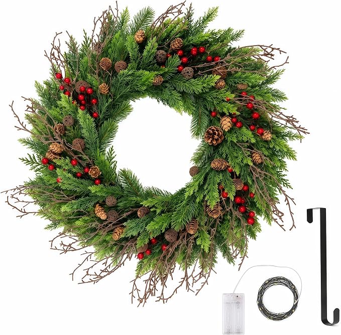 24" Cedar Christmas Wreath for Front Door with Pine Cones & Red Berries - skull wreath