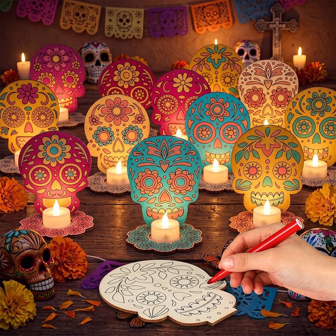 LemonRoad 24 Pcs Dia De Los Muertos DIY Skull Candles Holders Crafts - skull candle
