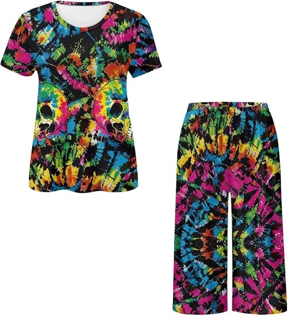 Capri Lounge Sets for Women, Lightweight Soft Short Sleeve Lounge Sets Casual Top with Capri Pants Summer Outfits - skull pajamas