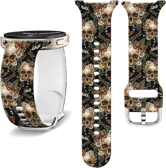 Watch Bands Compatible with Galaxy Watch 8 40mm 44mm and Watch 8 Classic 46mm, Soft Printed Pattern Silicone Sport Strap, Waterproof Replacement Wristband for Women Men - skull watch