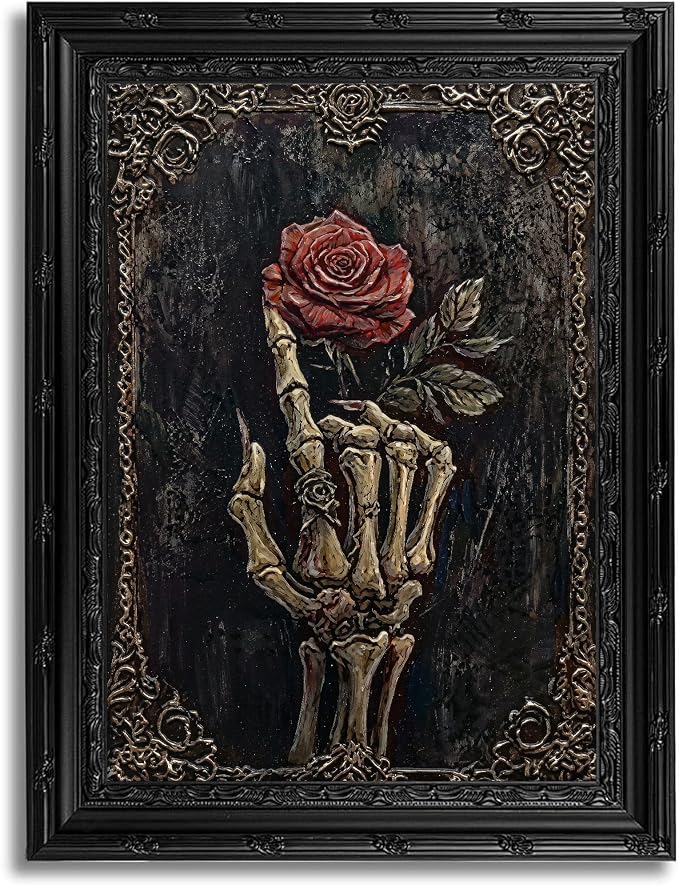 Black Framed Gothic Skeleton Hand Holding Red Rose Canvas Wall Art 9x11in