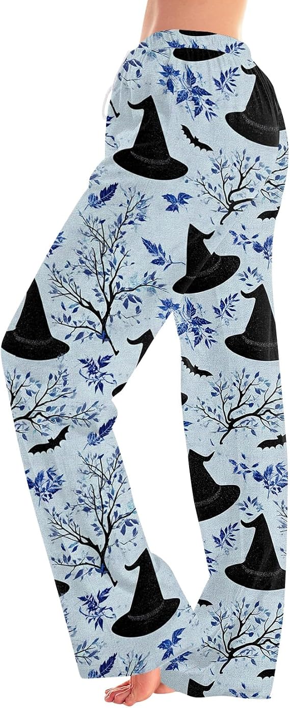 Halloween Pajama Pants Women Bat Skeleton Long Bottoms Drawstring Elastic Waist Wide Leg Sleep Pants - skull pajamas
