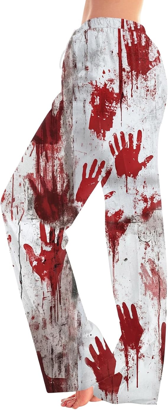 Halloween Pajama Pants Women Bat Skeleton Long Bottoms Drawstring Elastic Waist Wide Leg Sleep Pants - skull pajamas