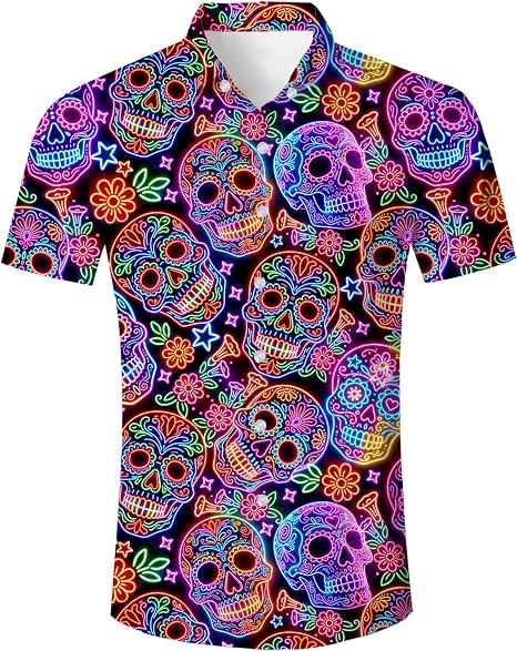 uideazone Mens Funny Hawaiian Shirts 3D Graphic Holiday Beach Aloha Shirt - sugar skull costume