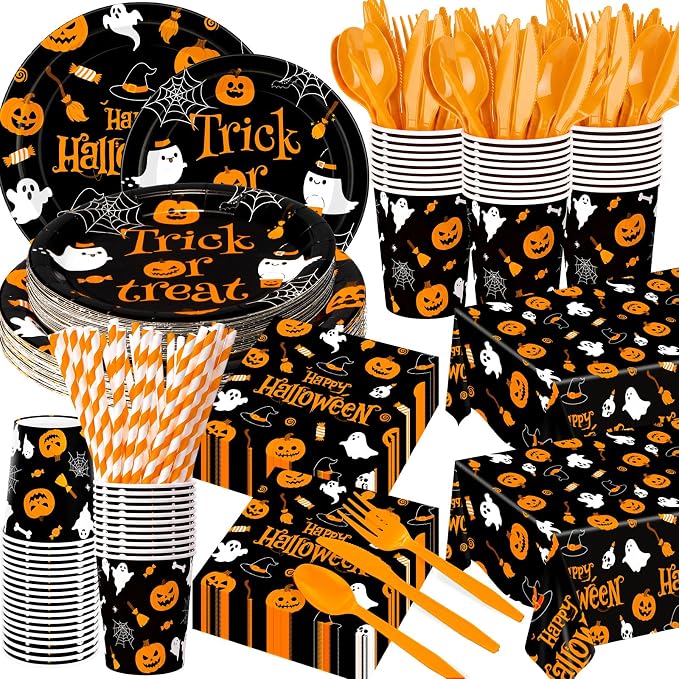 Funnymoom 218 Pcs Halloween Party Decorations Black Orange Plate Serves 24 - skull plate