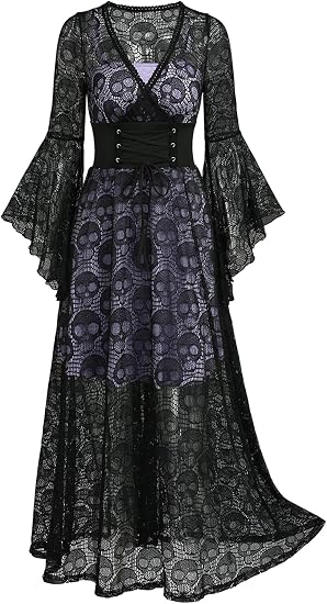 LUNARA Women Witch Cosplay Lace Dress Medieval Gothic Costume - sugar skull costume