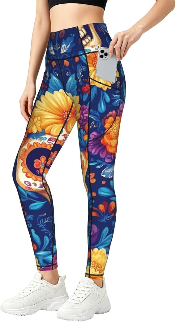 Augenstern Women's Sugar-Skull-Mexico-Marigold Yoga Pants Workout Legging - skull leggings