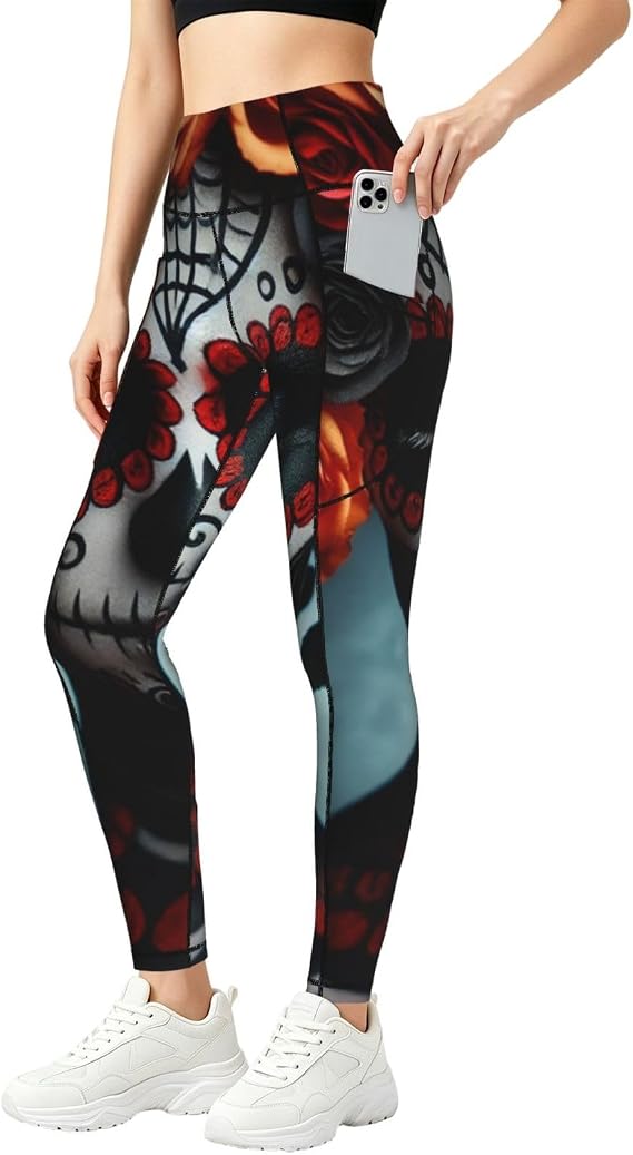Augenstern Women's Sugar-Skull-Roses Yoga Pants Workout Legging - skull leggings