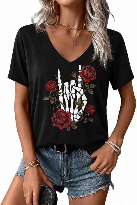Women Fall Halloween Graphic Shirt Cut Out Cold Shoulder Short Sleeve Shirt Funny Family Party Rock Tee Top - skull leggings