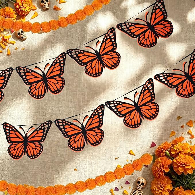 Monarch Butterfly Garland for Day of the Dead, 4 Pre-Strung Felt Butterfly Decorations with 36 Butterflies & 2 Marigold Garlands, Día de Los Muertos Decor for Ofrenda Altar, Porch & Halloween - skull carpet