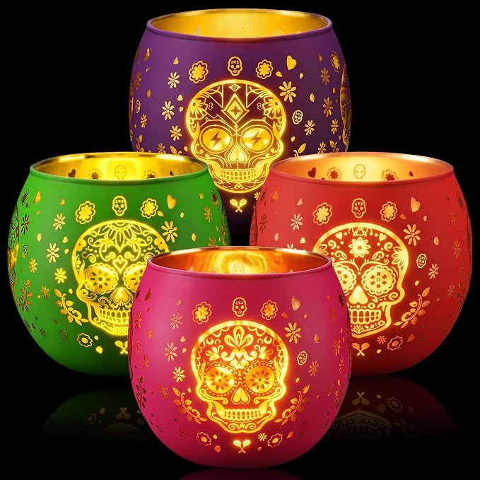 4 Pack Day of the Dead Candle Holders, Colorful Glass Sugar Skull Candle Lanterns, Dia De Los Muertos Decorations for Home Table Centerpiece, Halloween Party Decor