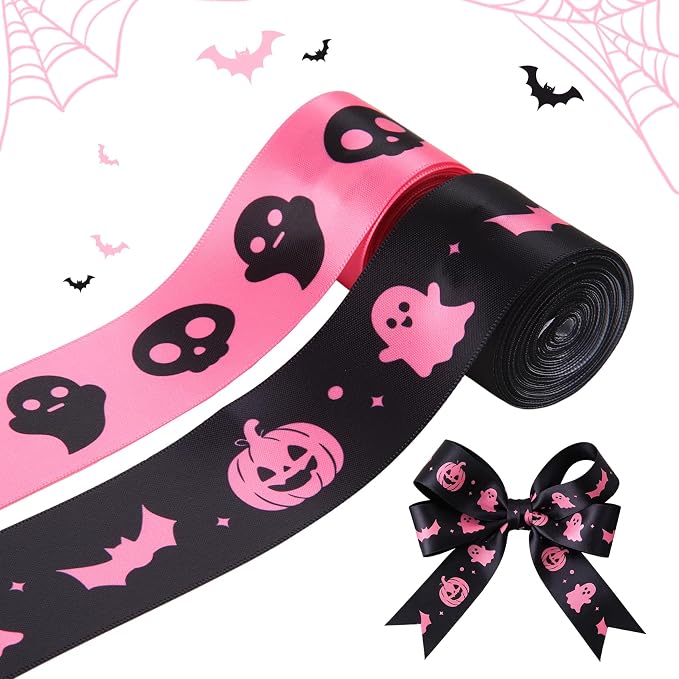 Black and Pink Halloween Ribbon 1.5 Inch 10 Yards Skull Ghost Satin Ribbon - skull wreath