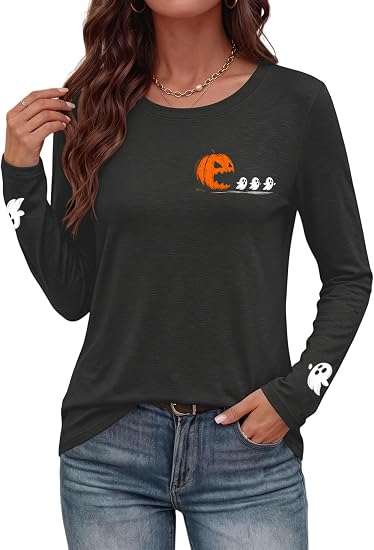 Halloween Shirts for Women Long Sleeve Fall Pumpkint Ghost Graphic Shirt - skull leggings