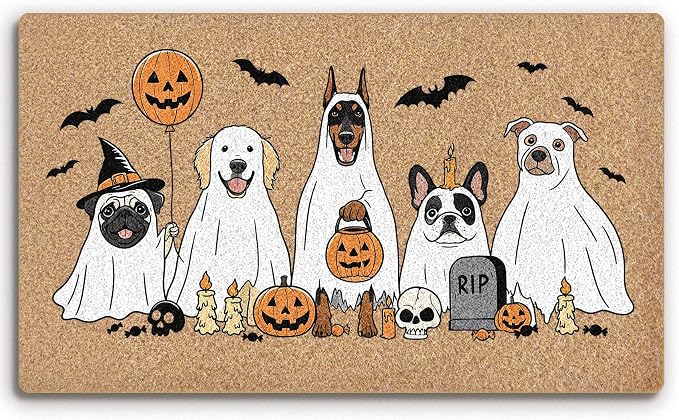 Halloween Ghost Dog Welcome Faux Coco Coir Doormat Mat 1103