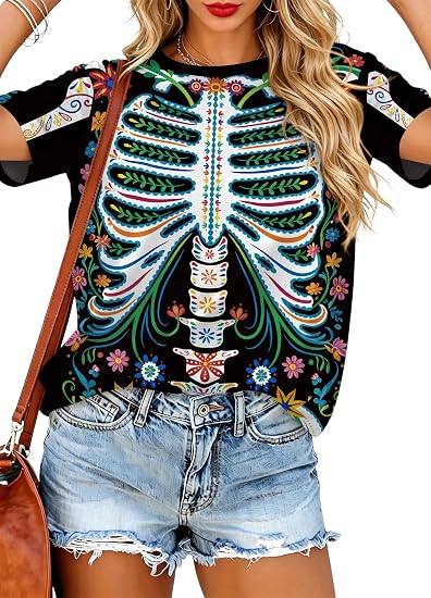 Halloween Shirts for Women Blood Graphic Shirt Im Fine Bloody Top - sugar skull makeup