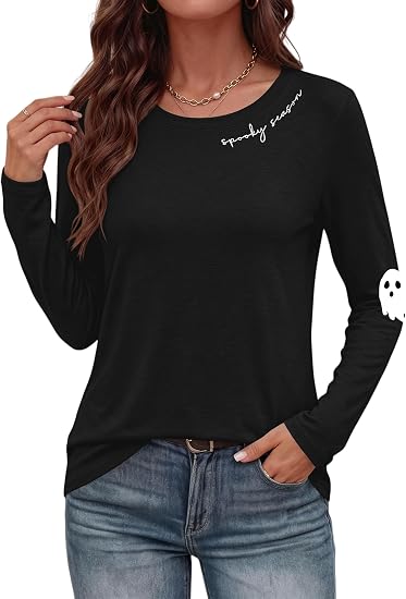 Halloween Shirts for Women Long Sleeve Fall Pumpkint Ghost Graphic Shirt - skull tshirt