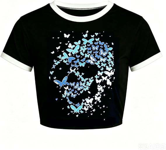 Womens Short Sleeve Graphic Crop Tops Gothic Emo Grunge Punk Halloween Shirts - skull leggings