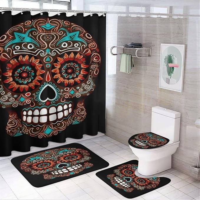 Sugar Skulls Day of The Dead 4Pcs Family Shower Curtain Sets 71 X 71 Inch