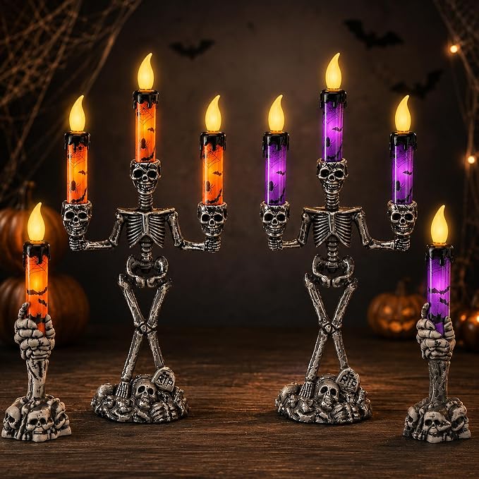 4Pcs Halloween Skeleton Candelabra LED Candle Light, Skull Candelabra Decor - skull candle