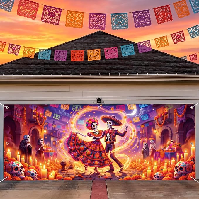 Day of the Dead Garage Door Cover 7x16Ft Dia De Los Muertos Decor - skull wall art