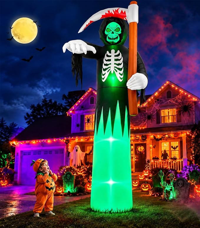 12‑FT Giant Halloween Inflatable Grim Reaper with Scythe for Yard Decor