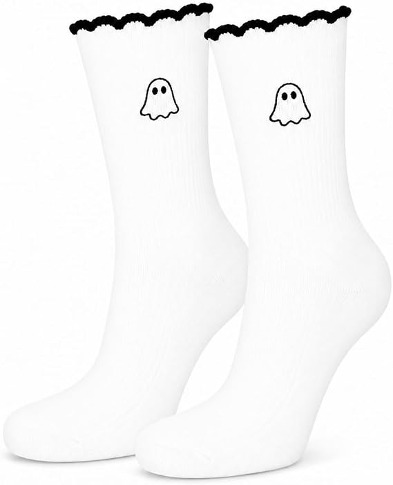 Embroidered Novelty Crew Socks Women Wavy Cuff Seasonal Hosiery - sugar skull costume
