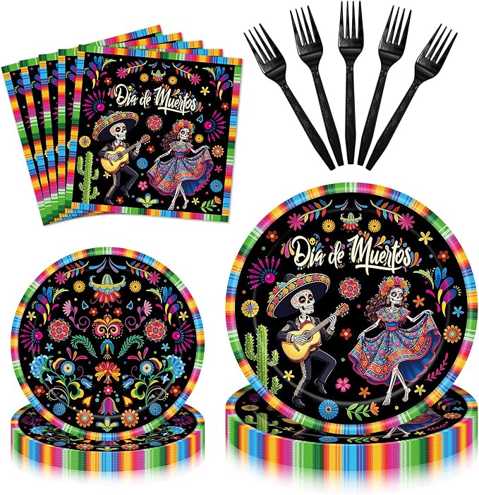 100 Pieces Día de Muertos Party Tableware Set – Disposable Sugar Skull Plates, Napkins and Black Forks for Day of the Dead Party, Mexican Fiesta, Halloween Celebration– Serves 25 Guests
