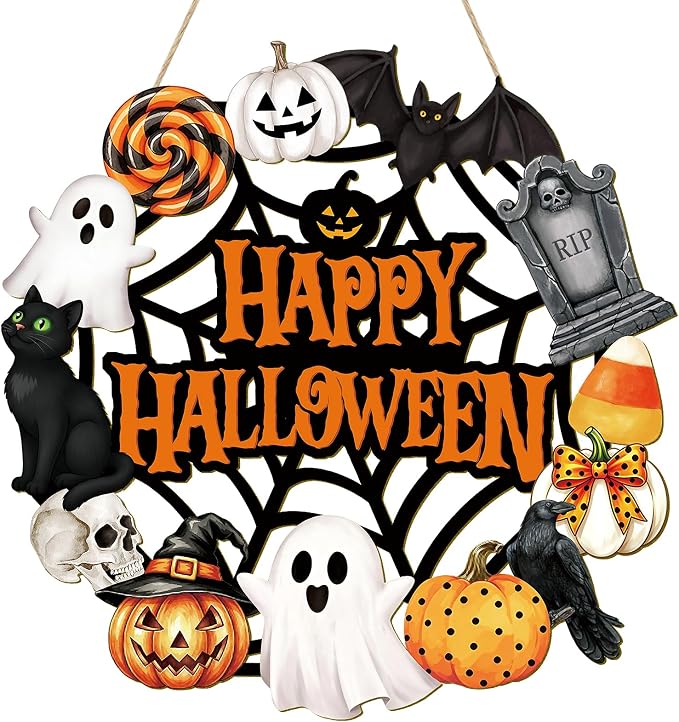 Halloween Decoration Wooden Ghost Door Halloween Wreath for Front Door Sign Wall Signs Decor, Pumpkin Black Cat Wreaths Sign Hanging for Home Wall Decor Outdoor Indoor Farmhouse Party Supply - skull wreath