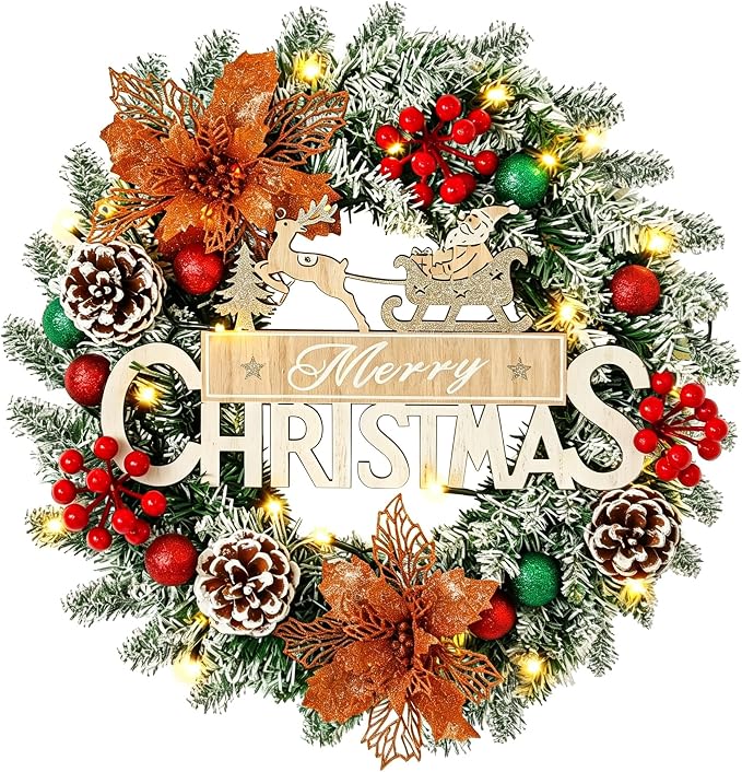 16 Inch Prelit Christmas Wreath with LED Lights for Front Door Decor - skull wreath