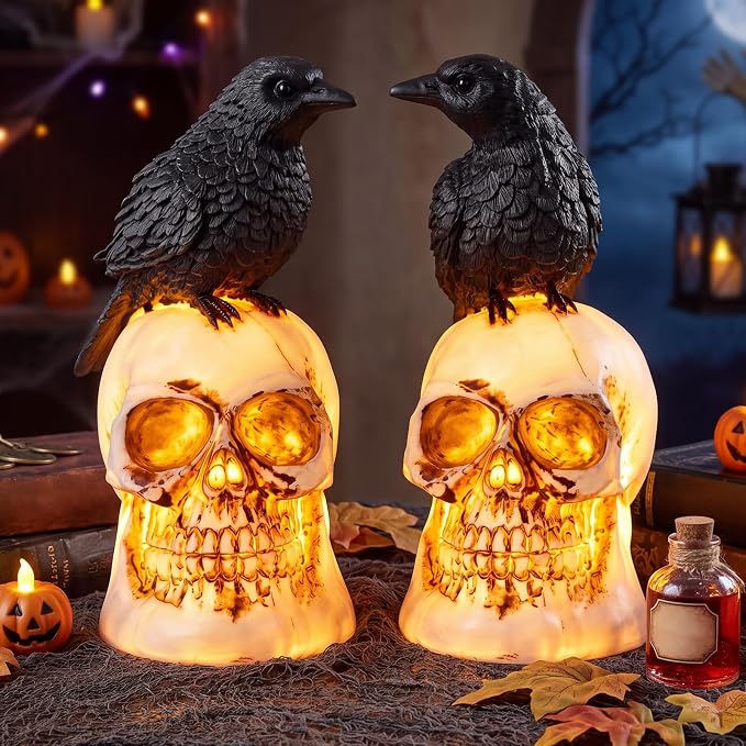 Fumete 2 Pack Raven On Skull LED Halloween Table Lamp Decor Black Crow - skull lamp