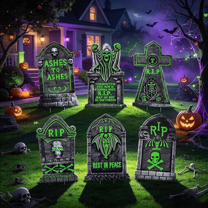 6pcs Outdoor Solar Glow in the Dark Halloween Tombstone Decor Lawn Stakes - string light