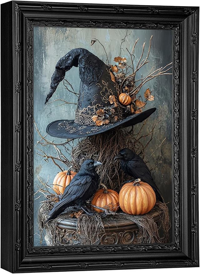 Framed Halloween Canvas Wall Art,Witch Hat Picture Wall Decor,16x24in