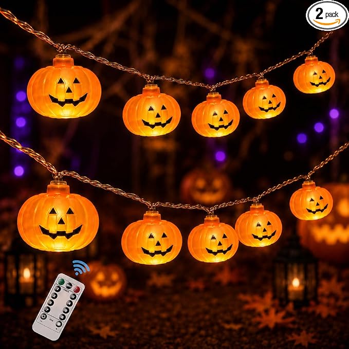2 Pack Halloween Lights Indoor Pumpkin Decorations Decor Twinkling Pumpkins Light up Twinkle String Lamp Lantern Battery Operated Night Plastic olantern Pool Skull Pumkin - string light
