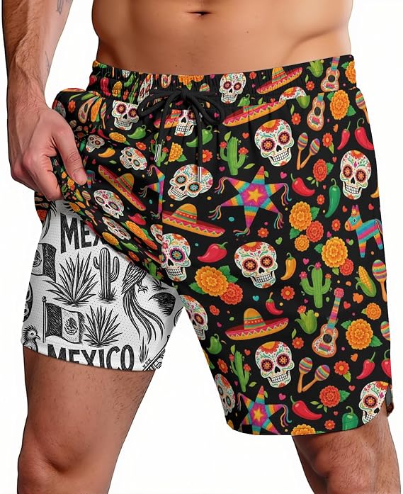 Men's Patriotic Flag Double Layer Swim Trunks Quick Dry Breathable Surf Board Shorts with Double Pockets - skull swimsuit