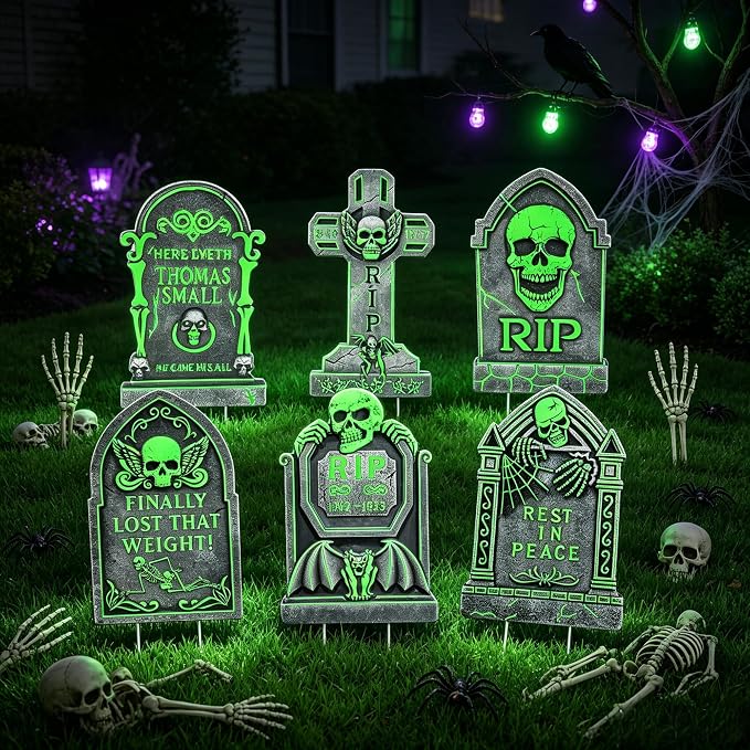 6pcs Solar Glow in the Dark Scary Halloween Tombstone Graveyard Yard Signs - string light