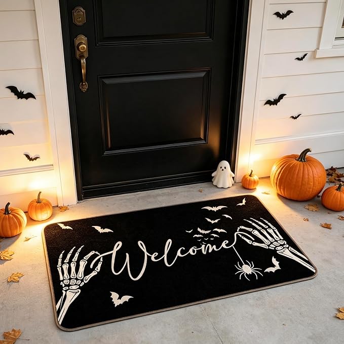 Halloween Skull Welcome Doormat 17 x 30 Inch，Autumn Home Decor Spooky Skeleton Fingers Welcome Floor Mat Non-Slip Entrance Door Rugs for Indoor Outdoor Bathroom Decor，Black