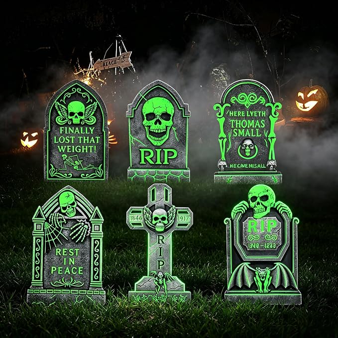 6pcs Solar Outdoor Glow in the Dark Grave Halloween Tombstone Yard Signs - string light