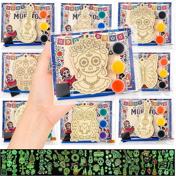 24 Sets Day of the Dead Wooden Craft Kit DIY Sugar Skull Painting Crafts - skull sticker