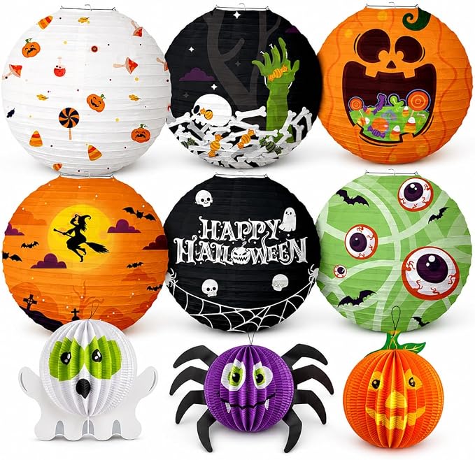 YoGoods Halloween Paper Lanterns – 3Psc 3D Molded & 6Pcs Spherical